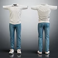 White Polo Shirt And Blue Jeans With White Sneakers Front Back Views