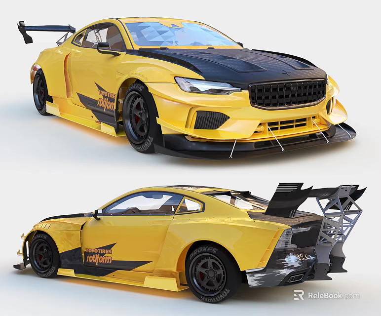 Yellow Racing Car with Black Roof Rear Spoiler and Aerodynamic Drift Design 3d model 