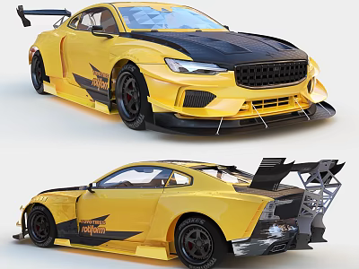 Yellow Racing Car with Black Roof Rear Spoiler and Aerodynamic Drift Design 3d model