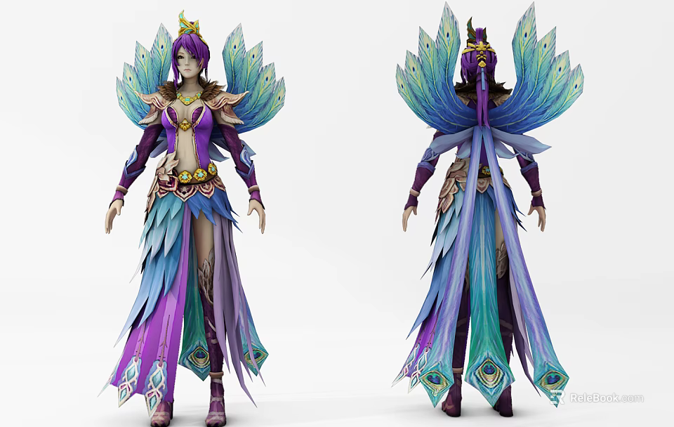 Game Movie Character With Peacock Feather Wings And Ornate Purple Blue Costume 3d model 