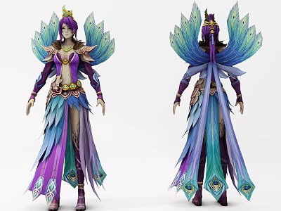 Game Movie Character With Peacock Feather Wings And Ornate Purple Blue Costume 3d model