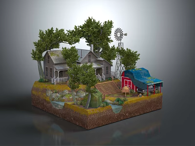 Cartoon Country Scene With House Red Barn Windmill Trees And Flowing Stream 3d model
