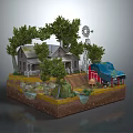 Cartoon Country Scene With House Red Barn Windmill Trees And Flowing Stream