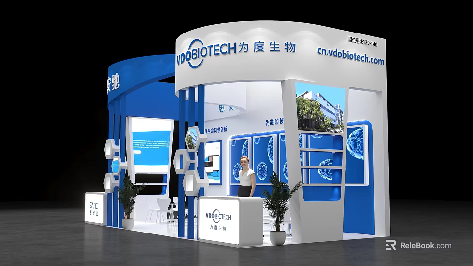 BioTECH Exhibition Booth With Blue White Design Display Screens Promotional Graphics And Staff 3d model 