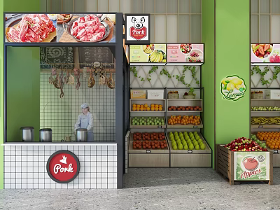 Fresh Fruit Store Interior With Green Wall And Various Fruits On Display Shelves 3d model
