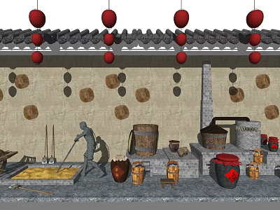Chinese Wine Barrel Brewing Workshop Wine Tank Combination 3d model