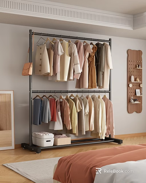 Double Layer Metal Clothes Hanger with Colorful Clothes and Storage Box in Bedroom 3d model 
