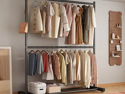 Double Layer Metal Clothes Hanger with Colorful Clothes and Storage Box in Bedroom 3d model