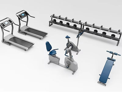 Essential Fitness Equipment Collection Including Treadmills Dumbbell Set Exercise Bike And Ab Bench 3d model