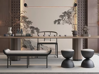 New Chinese Style Tea Table and Chair Tea Cabinet Carpet Chandelier 3d model