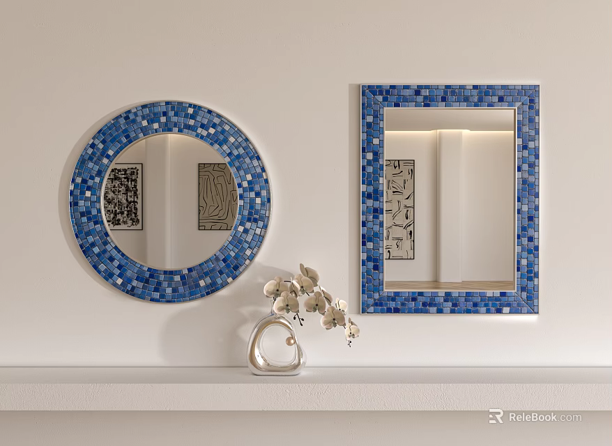 Blue Mosaic Framed Round And Square Mirrors With Silver Orchid Decoration On Shelf 3d model 