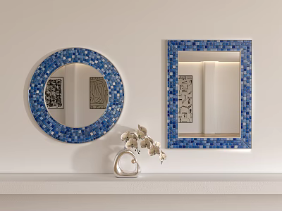 Blue Mosaic Framed Round And Square Mirrors With Silver Orchid Decoration On Shelf 3d model