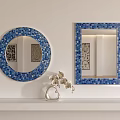 Blue Mosaic Framed Round And Square Mirrors With Silver Orchid Decoration On Shelf