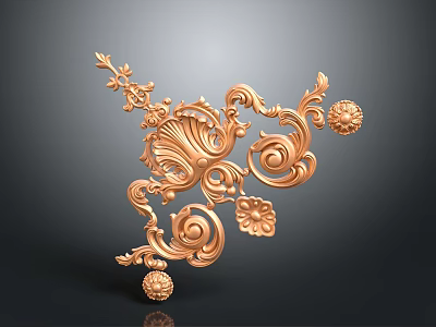 Golden Decorative 3D Model With Intricate Curved Scrolls Flowers And Balls 3d model