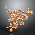 Golden Decorative 3D Model With Intricate Curved Scrolls Flowers And Balls