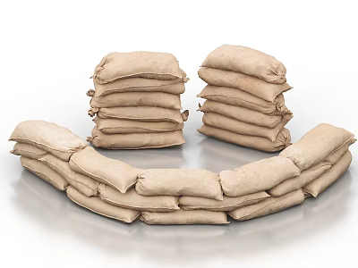 Stacked Burlap Sandbags Arranged In Curved Formation On Reflective Ground 3d model