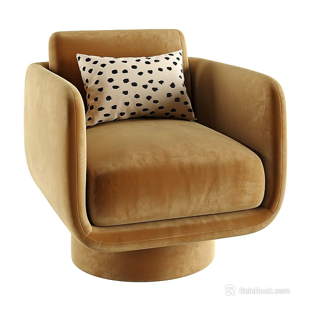 Modern Tan Velvet Swivel Accent Chair With Black Polka Dot Pillow 3d model 