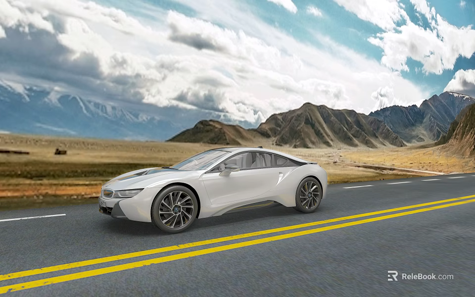 White Sports Car Driving On Road With Mountain Landscape And Cloudy Sky 3d model 