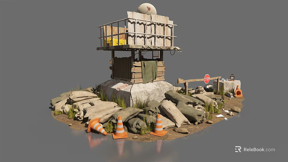 Military Watchtower Structure With Stone Base Wooden Platform Sandbags Traffic Cones And Barriers 3d model 