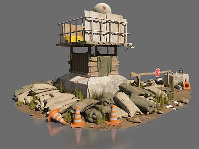 Military Watchtower Structure With Stone Base Wooden Platform Sandbags Traffic Cones And Barriers 3d model