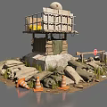 Military Watchtower Structure With Stone Base Wooden Platform Sandbags Traffic Cones And Barriers