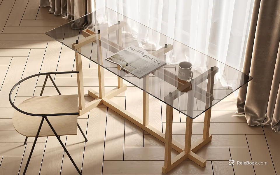 Modern Glass Top Desk With Wooden Legs Magazine And Cup Near Chair 3d model 