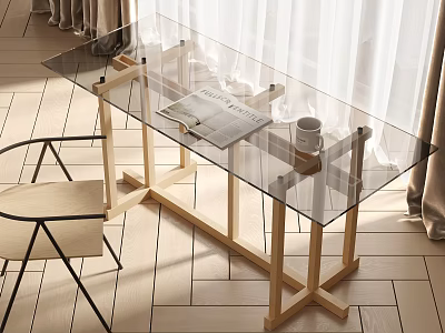 Modern Glass Top Desk With Wooden Legs Magazine And Cup Near Chair 3d model