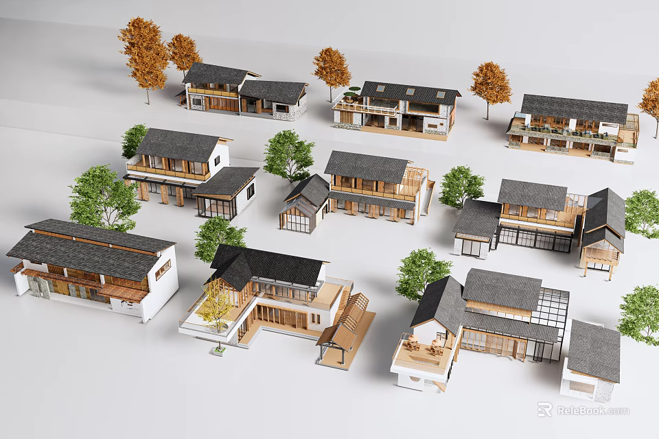 Detached Villas Showcasing Diverse Architectural Designs And Tree Surrounded Exterior Landscapes 3d model 