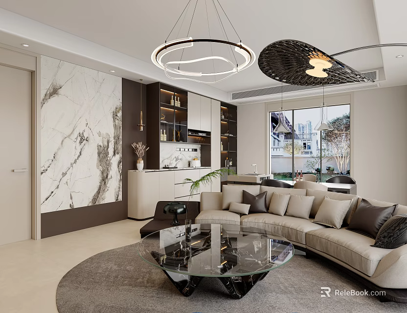 Modern Open Plan Living And Dining Room With Marble Feature Wall And Curved Sofa 3d model 