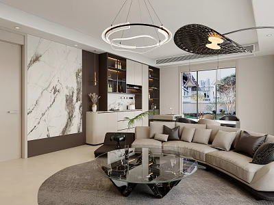 Modern Open Plan Living And Dining Room With Marble Feature Wall And Curved Sofa 3d model