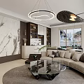 Modern Open Plan Living And Dining Room With Marble Feature Wall And Curved Sofa