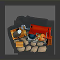 Cute Mini Kitchen Scene Components With Blue Stove Red Pot Chimney Stool Bottle And Cup