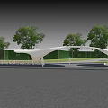 Modern White Curved Entrance Gate Design With Green Backdrop Trees And Paved Ground