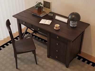 Wooden Home Office Desk With Open Book Coffee Cup Lamp Potted Plant And Chair 3d model