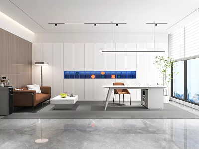 Modern Office Interior with Open Layout White Cabinets Brown Sofa Wooden Desk Green Plant Blue Decorative Art 3d model