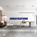 Modern Office Interior with Open Layout White Cabinets Brown Sofa Wooden Desk Green Plant Blue Decorative Art
