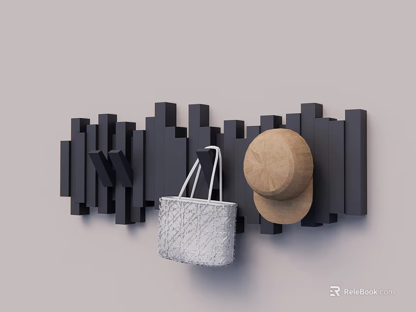 Black Wall Hooks with Modern Design Hanging White Bag and Brown Hat 3d model 