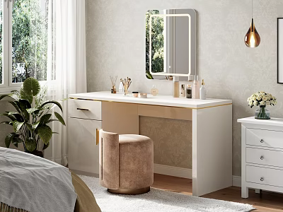 Modern White Dressing Table With Mirror Stool And Natural Light From Window Plant 3d model