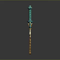 Ornate Fantasy Sword With Teal Spiral Hilt Wing Shaped Guard And Golden Flame Like Crystal Blade