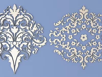 Ornate Intricate Floral Carved Patterns With Scroll Vine Designs On Blue Background 3d model