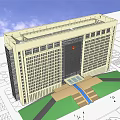 Modern High Rise Office Building Featuring Glass Curtain Wall Red Logo Green Lawn Pedestrians Trees