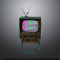 Vintage Green Television With Antenna And Colorful Static Screen On Rusty Stand
