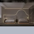 Modern Minimalist Hotel Guest Room with Two Beds Curved Wall and Glass Partition Bathroom