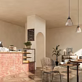 Cozy Dessert Shop Interior With Brick Counter Wooden Bench Hanging Lights And Green Plants