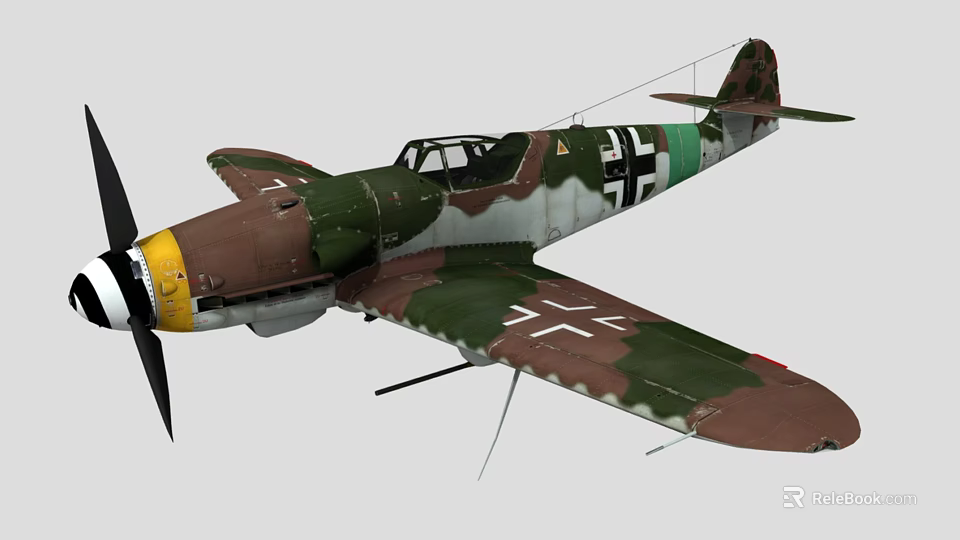 Vintage Military Fighter Aircraft with Camouflage Paint Green Brown Colors Iron Cross Insignia Yellow Propeller Design 3d model 