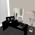 Modern Black Desk And Gray Chair Set With Monitor Lamp Magazine And Potted Plant