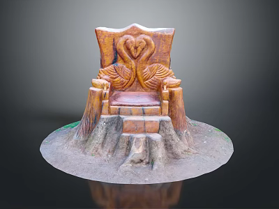 Artistic Wooden Chair With Swan Carvings On Tree Stump Base And Textured Design 3d model