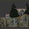 Cartoon Scene Featuring Island House with Chimney Pine Trees Boat Rocks and Water