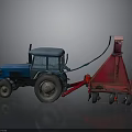 Blue Farm Tractor Pulling Red Agricultural Implement For Field Work