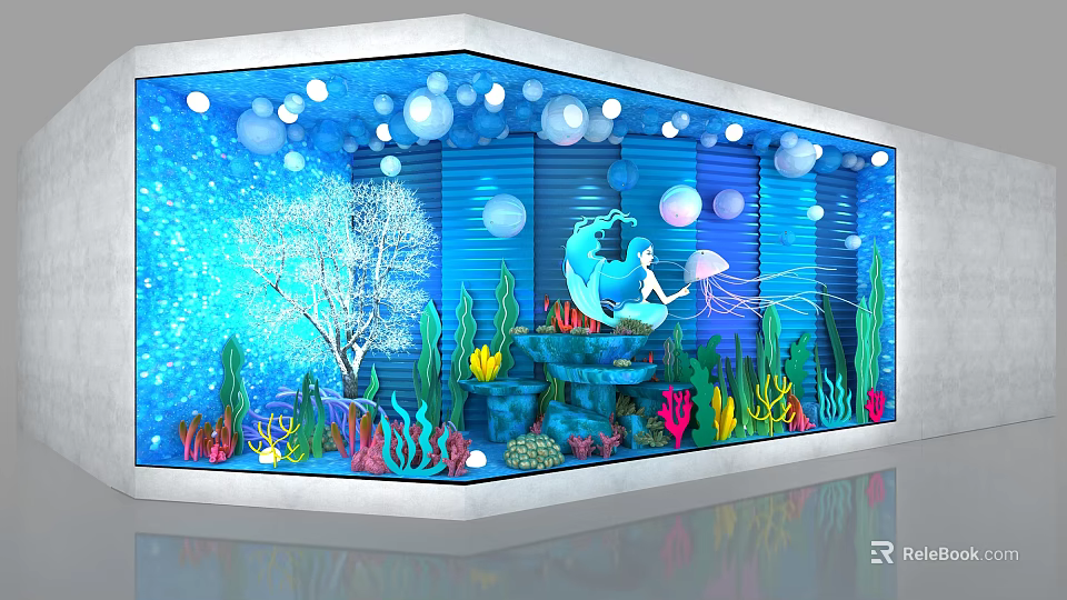 Ocean Themed Window Display With Mermaid Figure Bubbles Corals And Sea Plants 3d model 